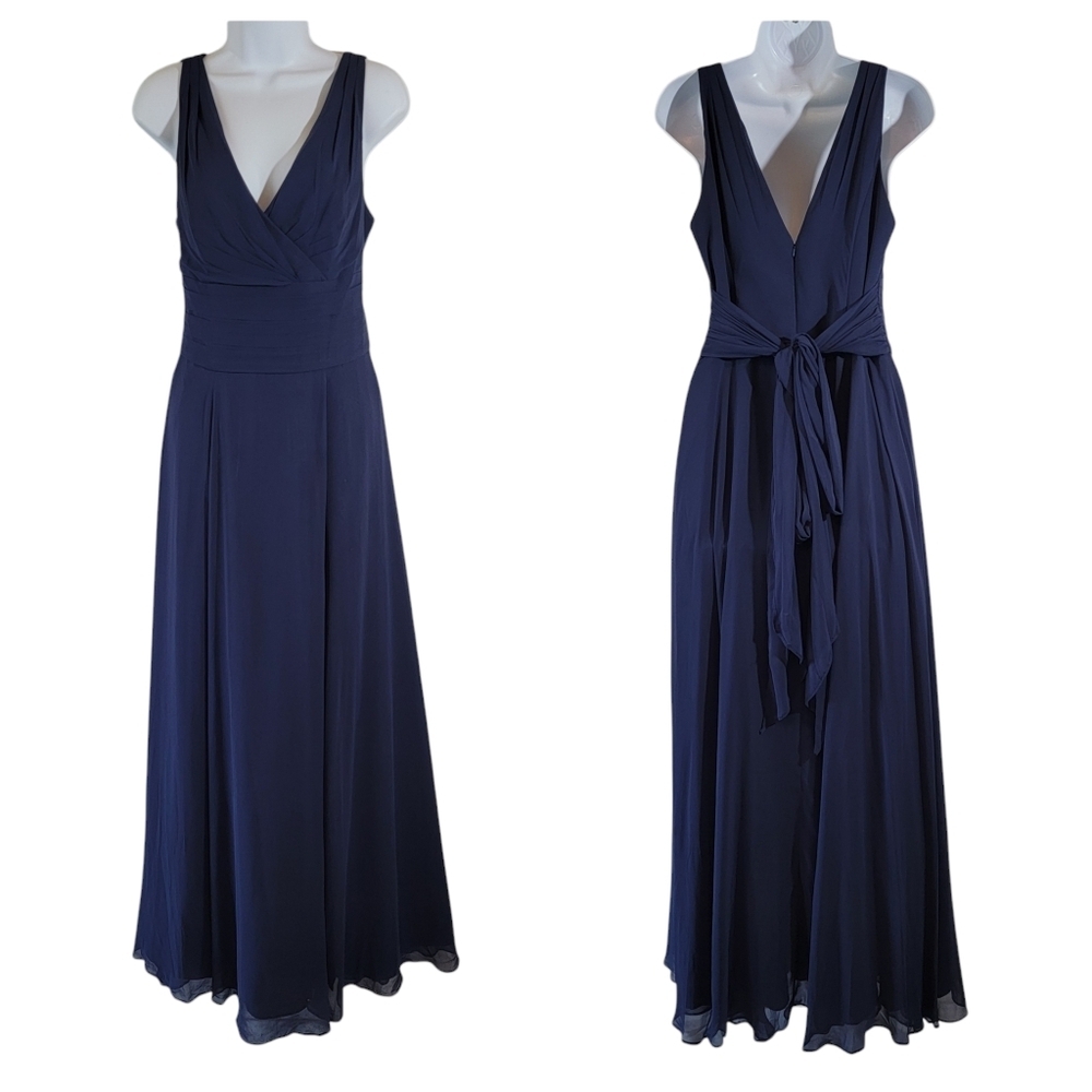 David's Bridal Blue Navy Maxi Dress Sz 8 Surplice Neck Tie Back Pleated Wedding